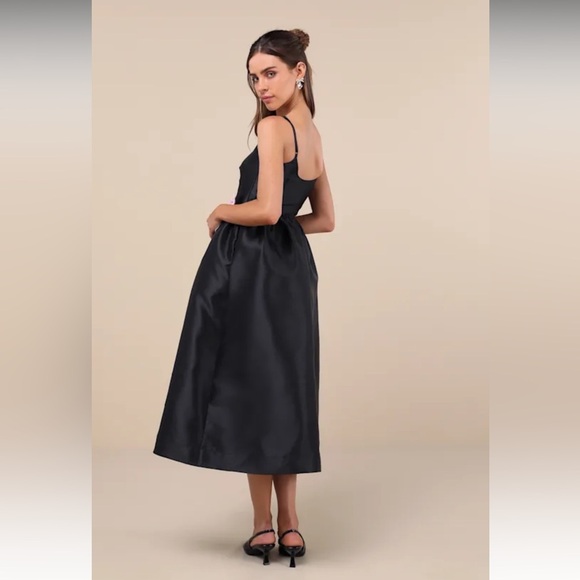 Lulus Classy Aesthetic Taffeta Dress Size M Black Pink Bow Midi Dress Pockets - Picture 3 of 15